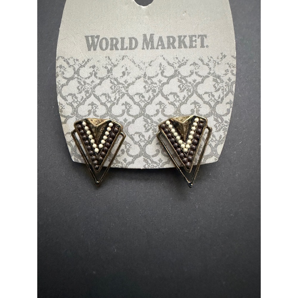 World Market Geometric Triangle Studs Brass Tone Beaded Boho Tribal Style